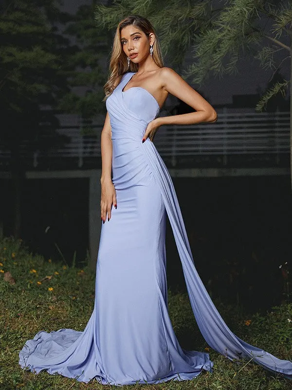 Sheath/Column Jersey Ruched One-Shoulder Sleeveless Sweep/Brush Train Bridesmaid Dresses