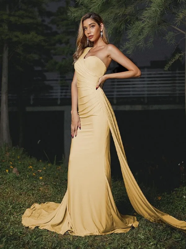 Sheath/Column Jersey Ruched One-Shoulder Sleeveless Sweep/Brush Train Bridesmaid Dresses