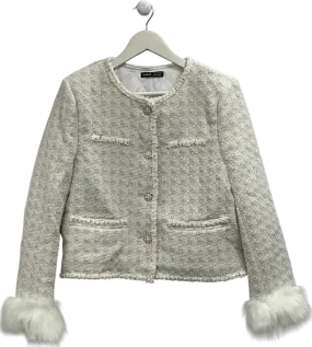 Shein Cream Tweed Jacket With Faux Fur Trimmed Sleeves UK S