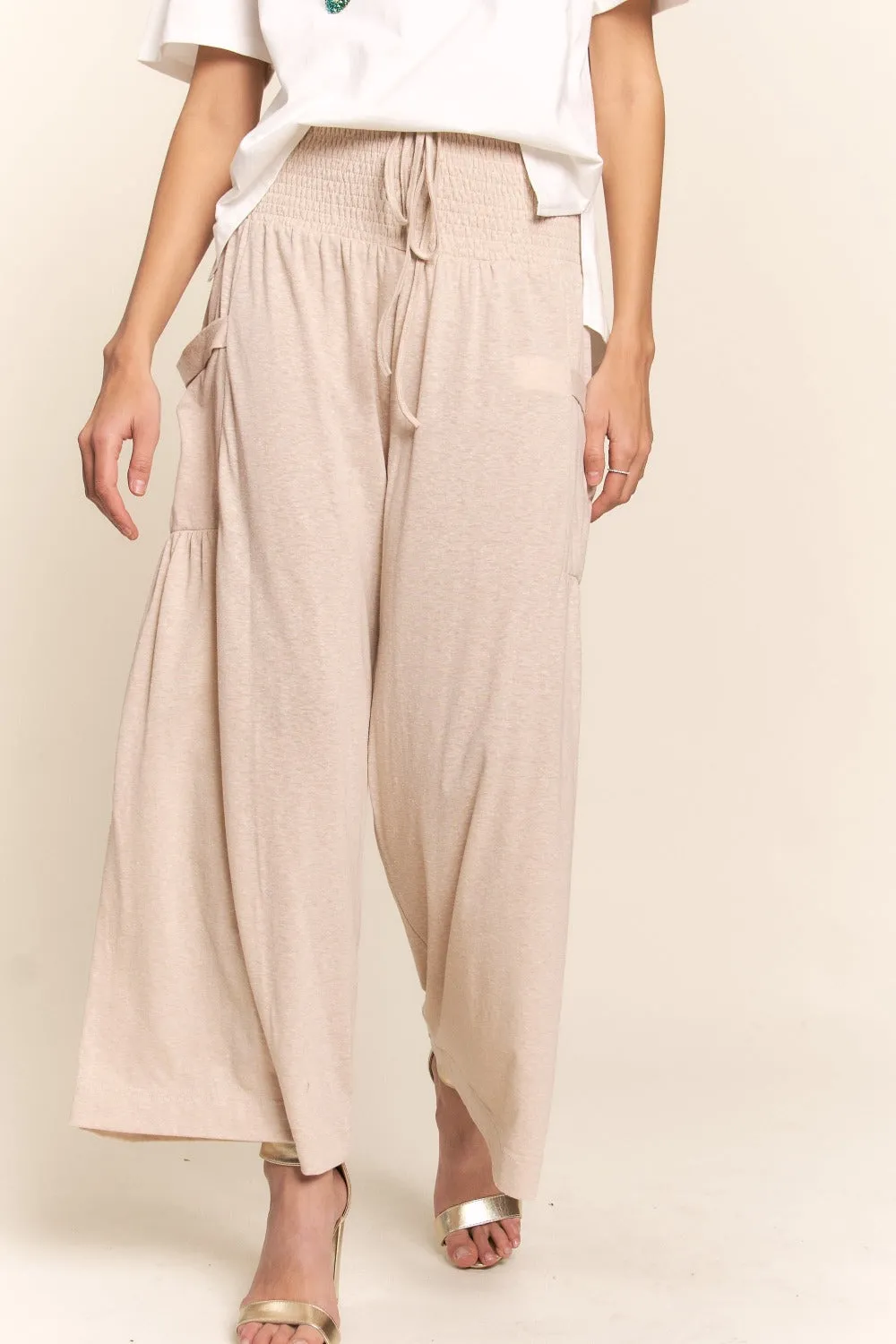 Smocked Waist Boho Wide Leg Pants with Pockets