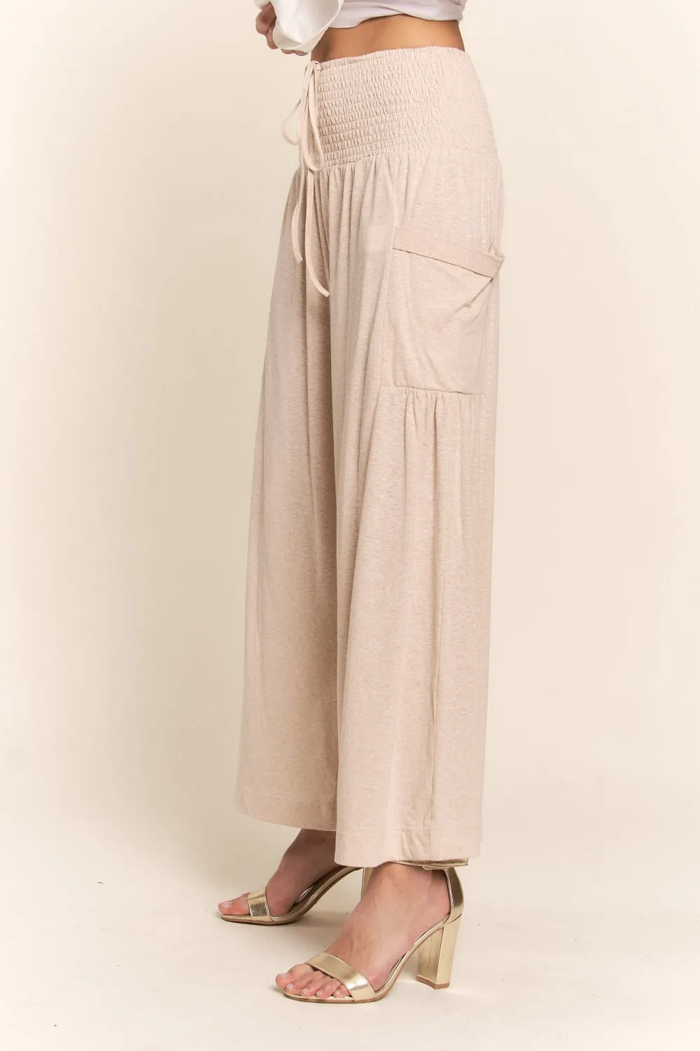 Smocked Waist Boho Wide Leg Pants with Pockets