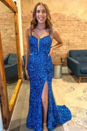 Sparkly Royal Blue Sequin Long Mermaid Prom Dresses