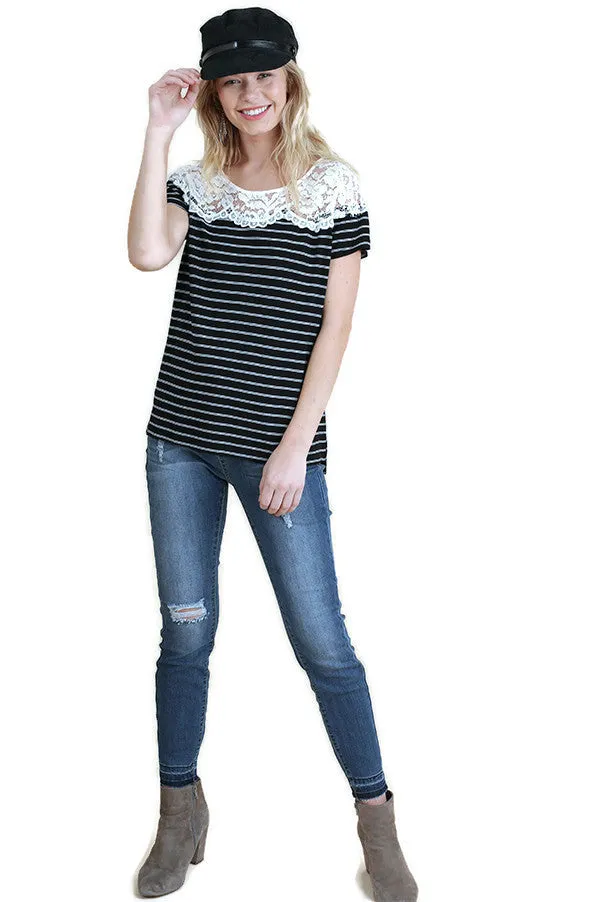 Striped & Lace Top, Black