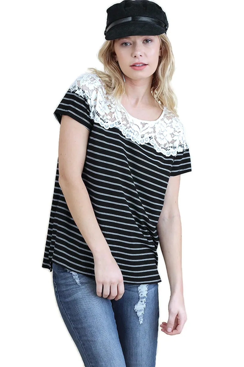 Striped & Lace Top, Black