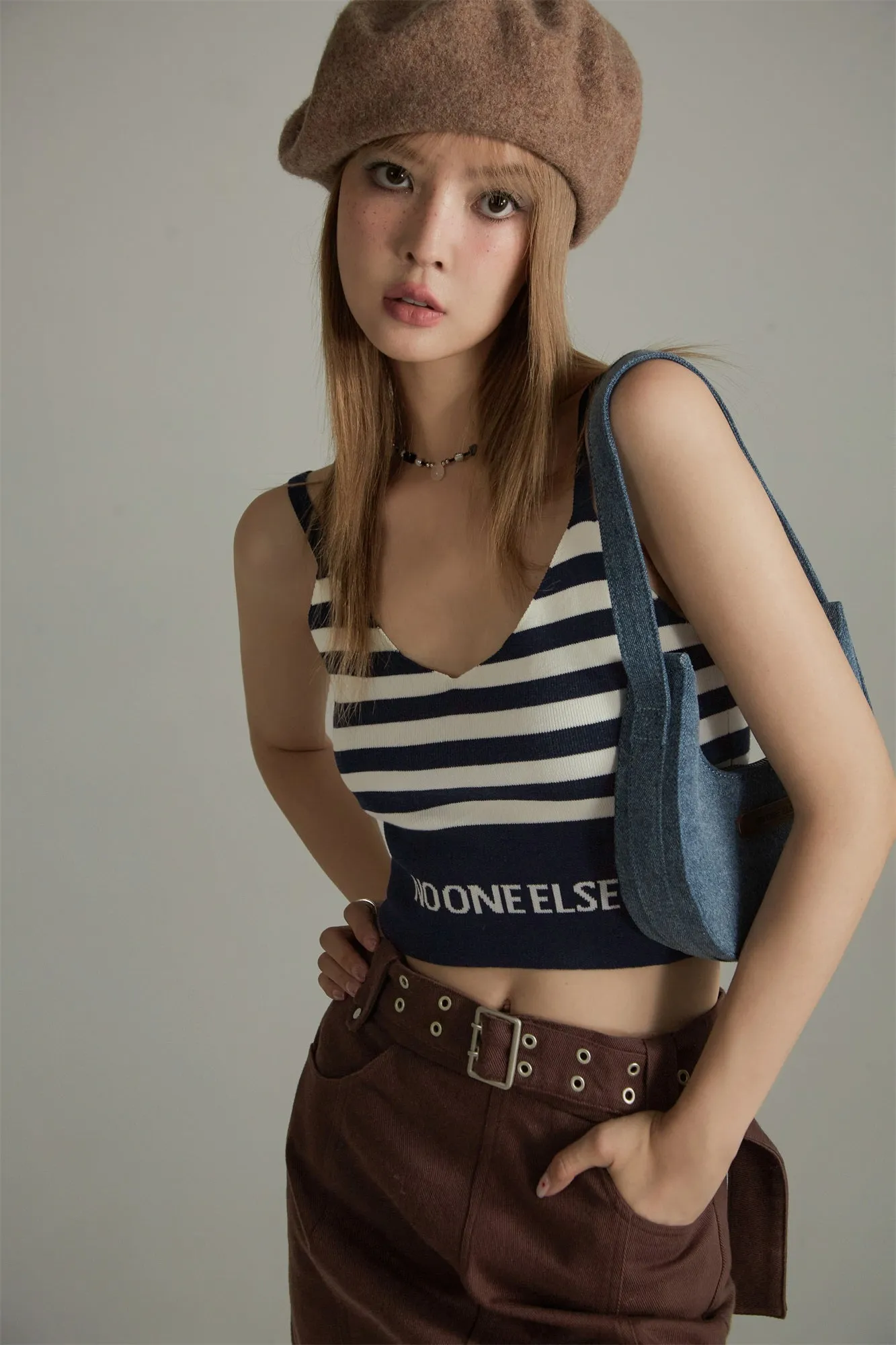 Striped Lettering Cropped Tank Top