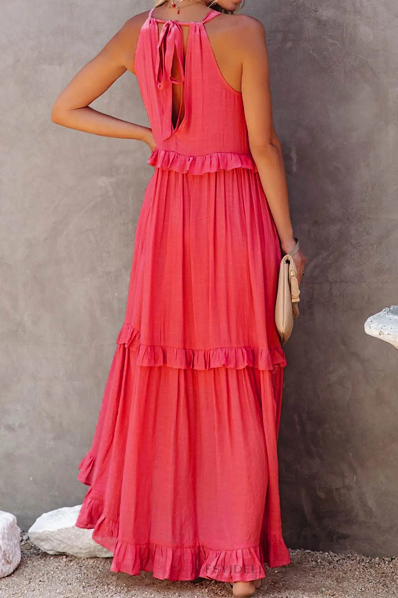 TastyHottie - Halter Sleeveless Pleated Tiered Maxi Dress