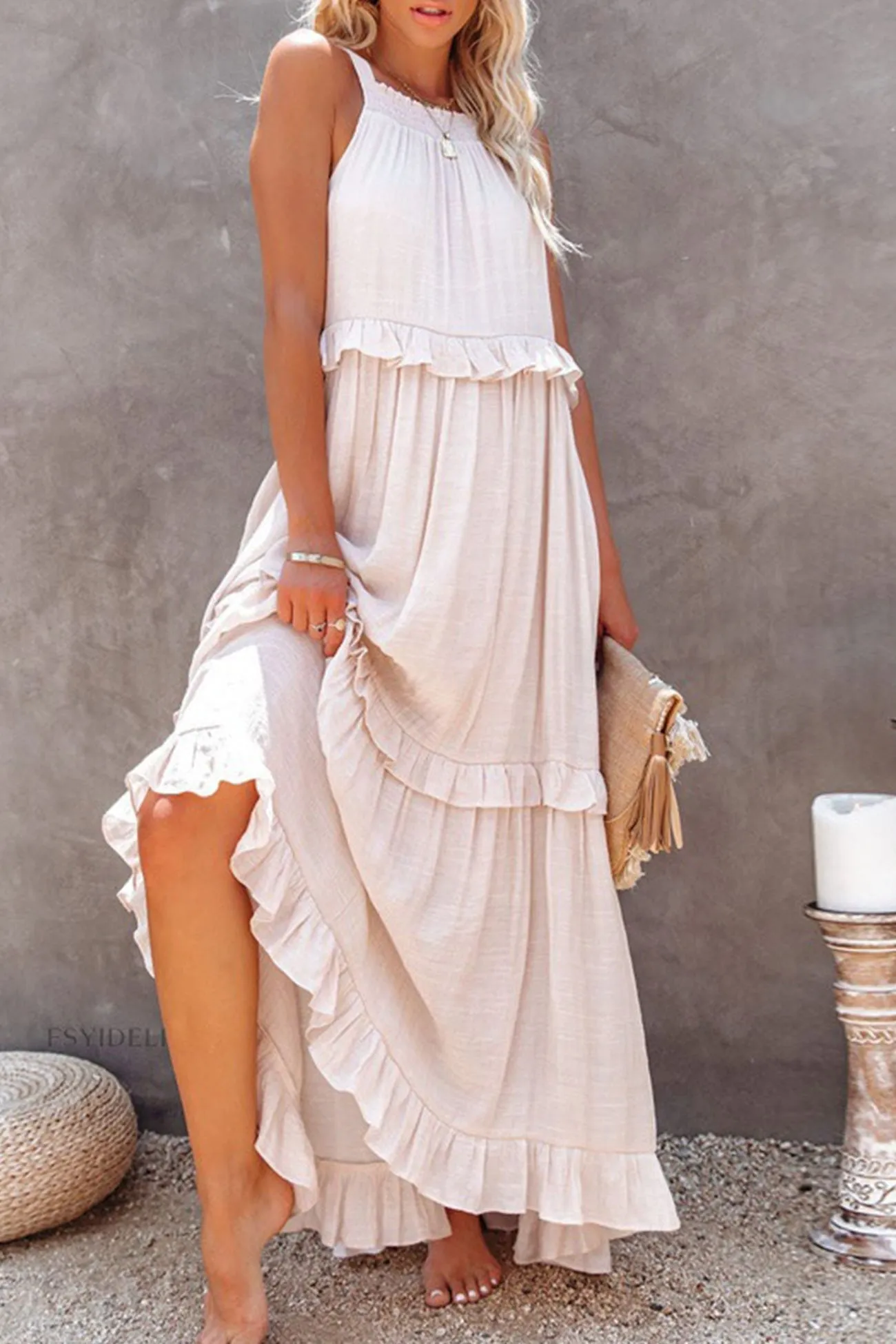 TastyHottie - Halter Sleeveless Pleated Tiered Maxi Dress