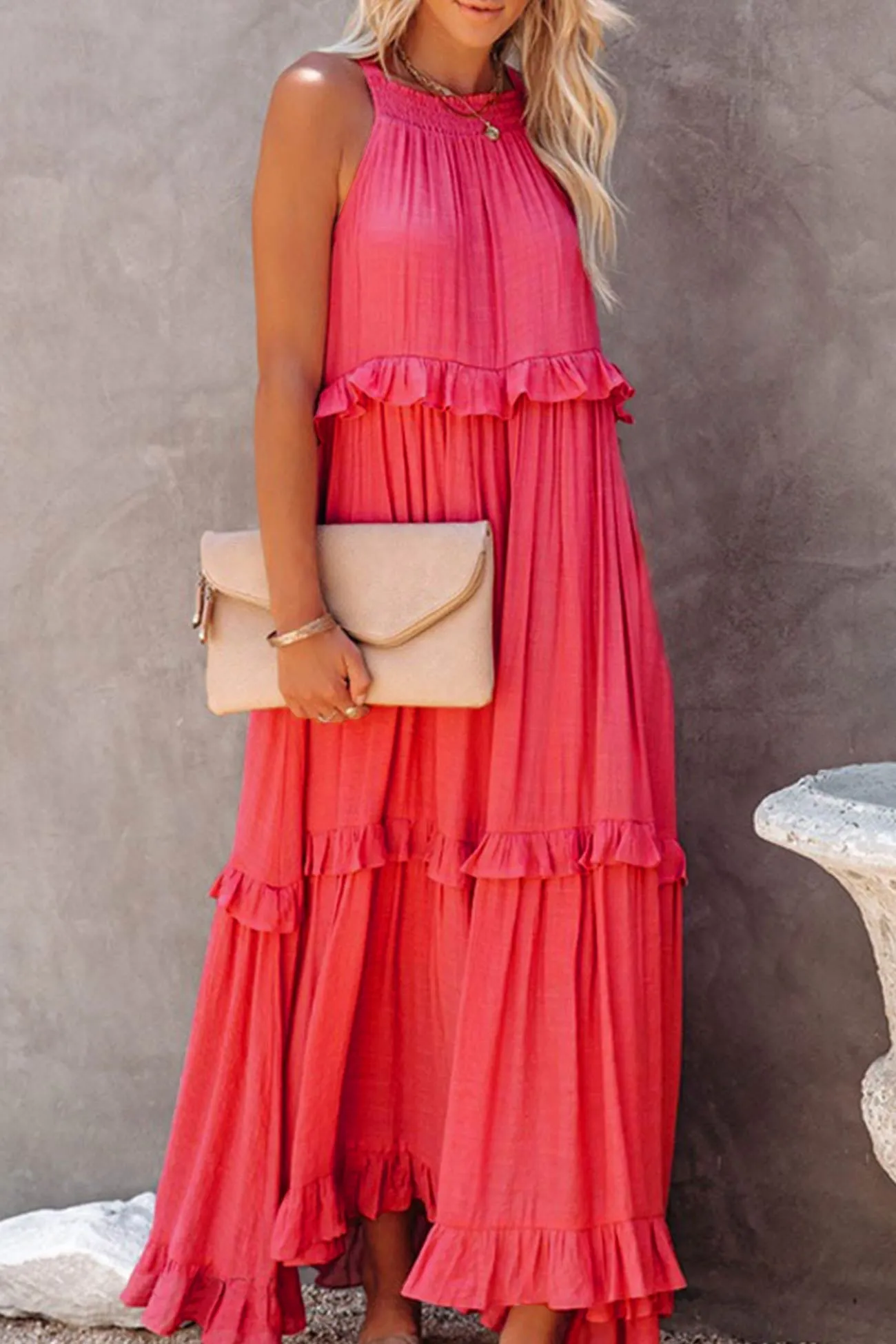 TastyHottie - Halter Sleeveless Pleated Tiered Maxi Dress