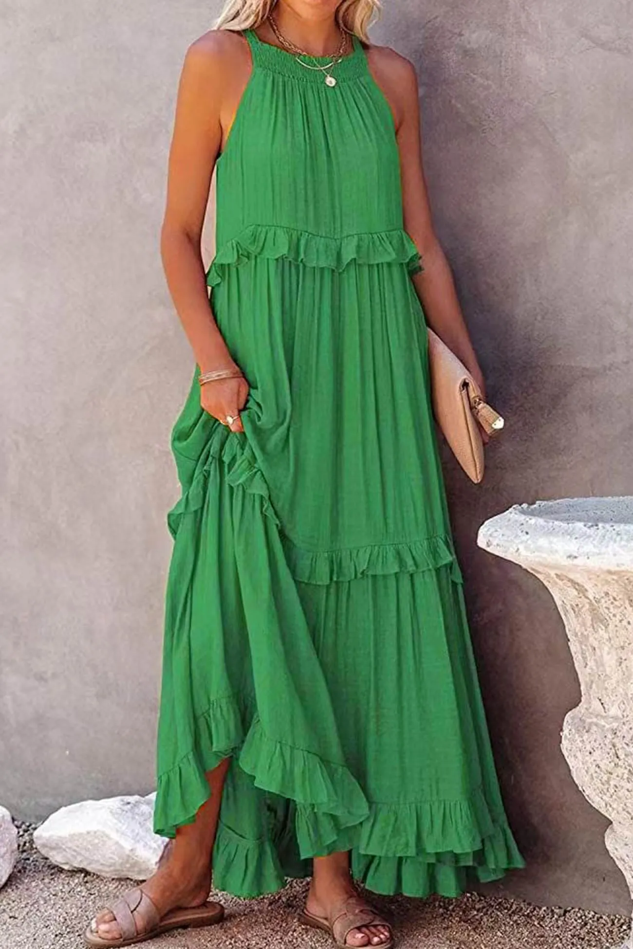 TastyHottie - Halter Sleeveless Pleated Tiered Maxi Dress