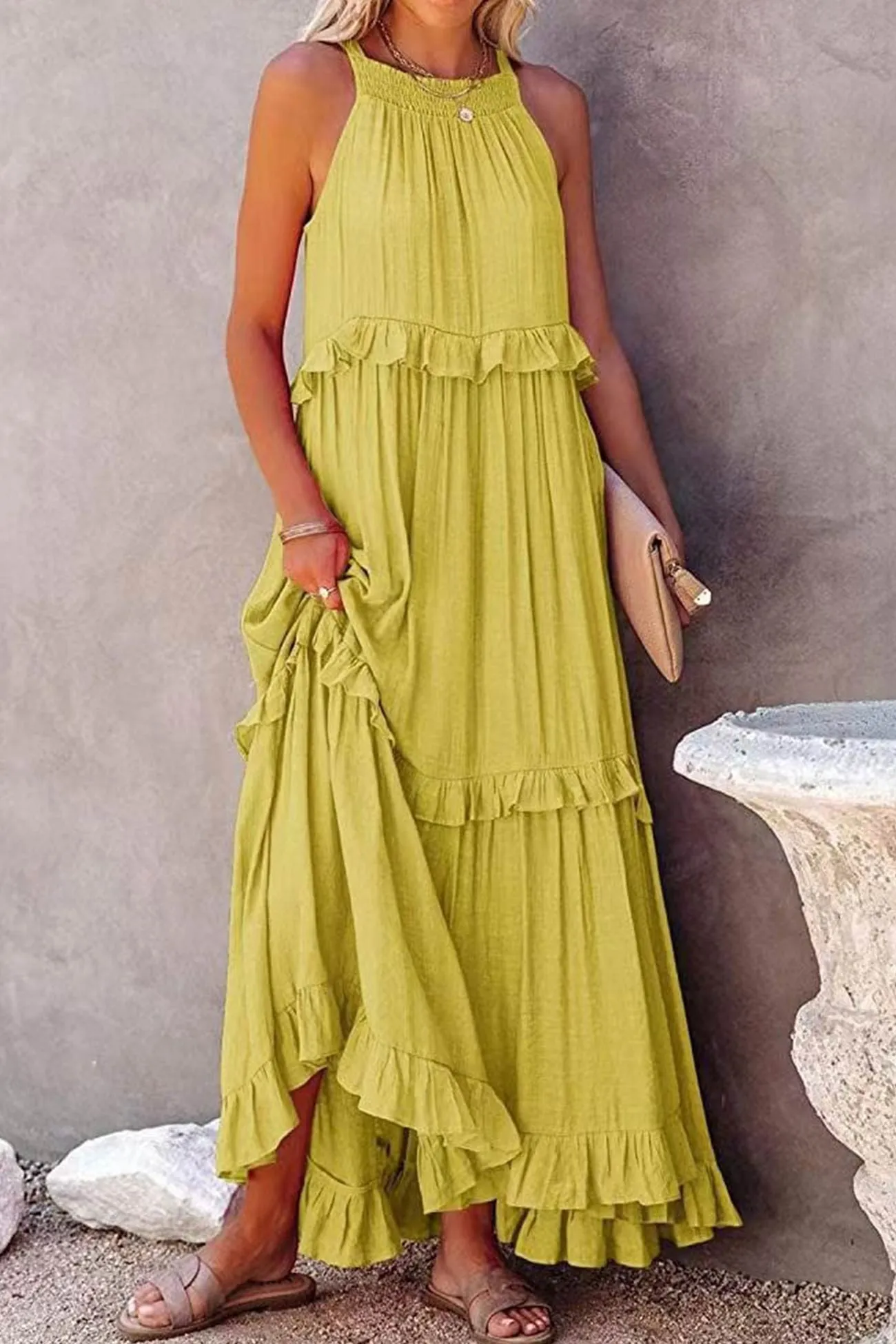 TastyHottie - Halter Sleeveless Pleated Tiered Maxi Dress