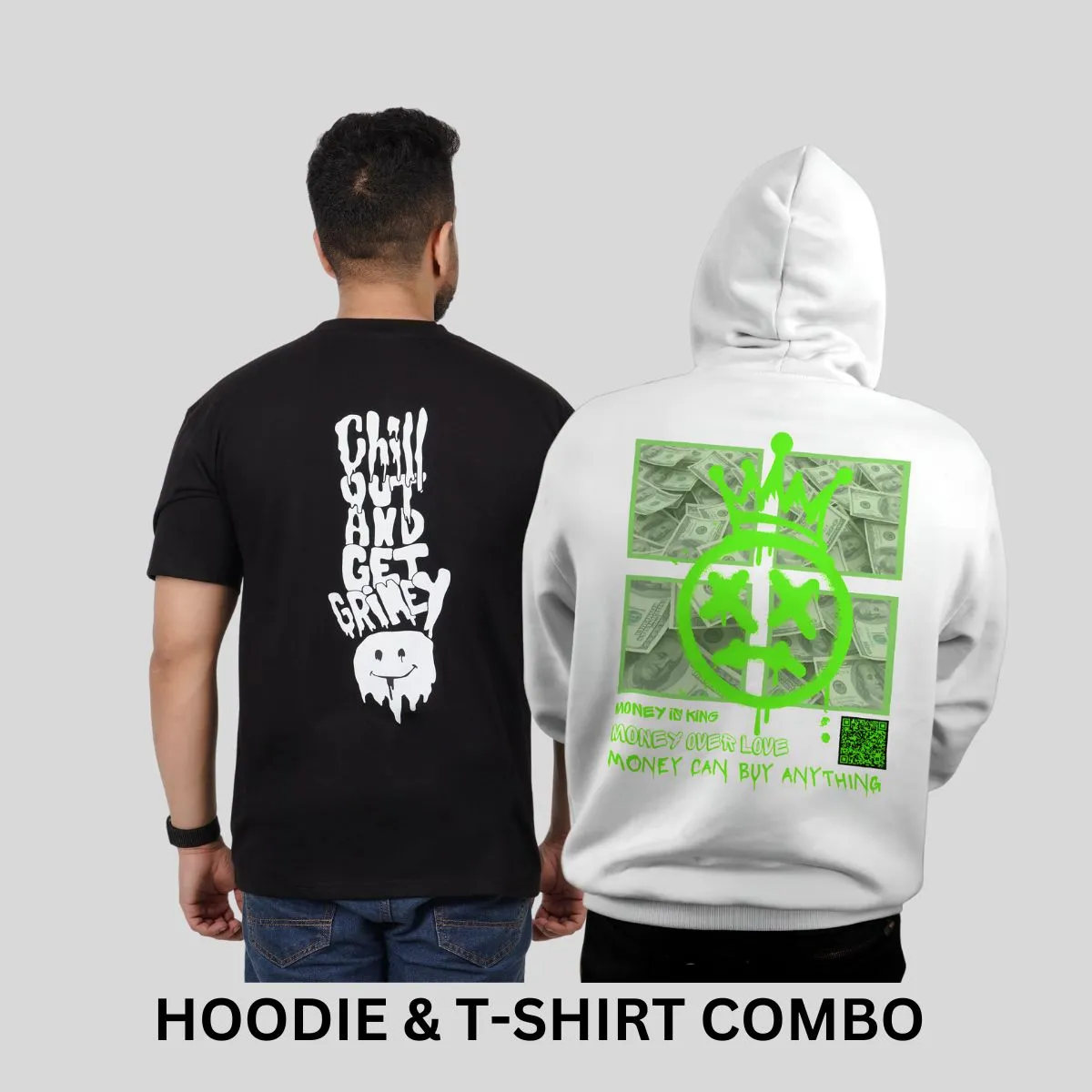 ULTIMATE COMBO - Money Over Love White Hoodie   Chill Out & Get Grimey Black Tees By Demonwear (DW001)