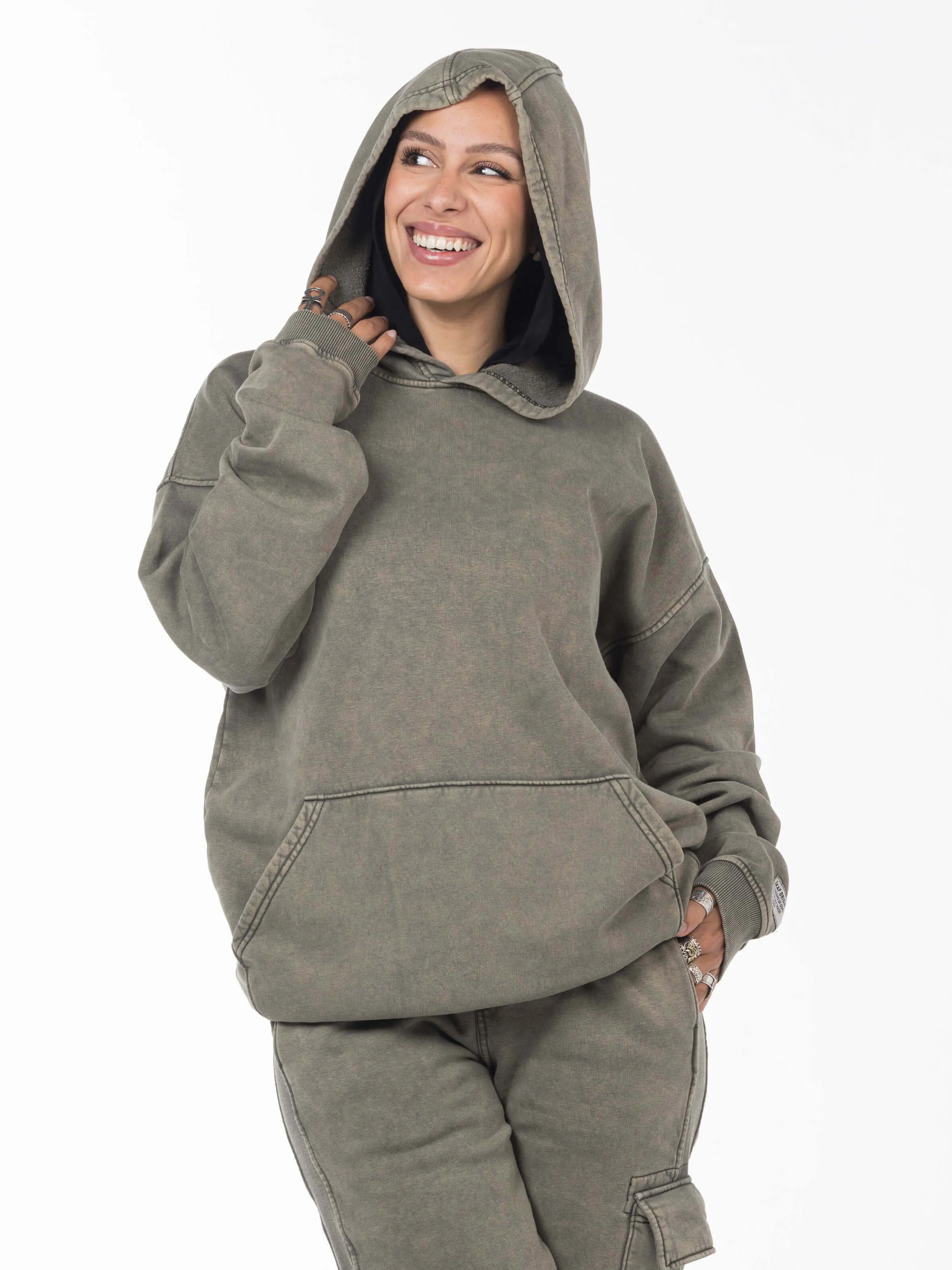 Unisex Acid Washed Oversized Hoodie - Olive