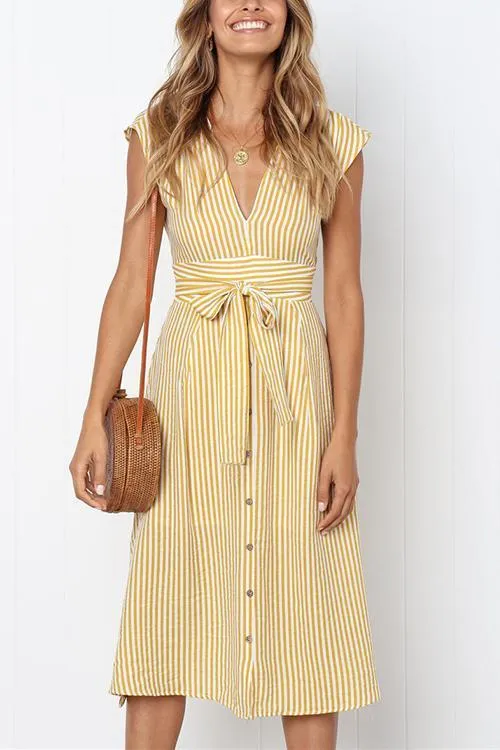 V Neck Tie Waist Dress