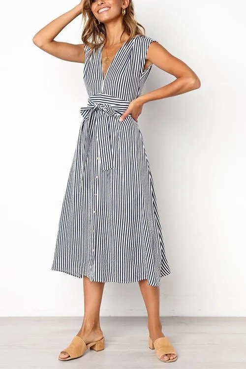 V Neck Tie Waist Dress