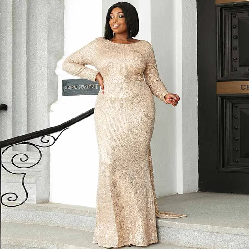 Women Plus Size Gold Sequin Prom Dresses Long Formal Wedding Dresses