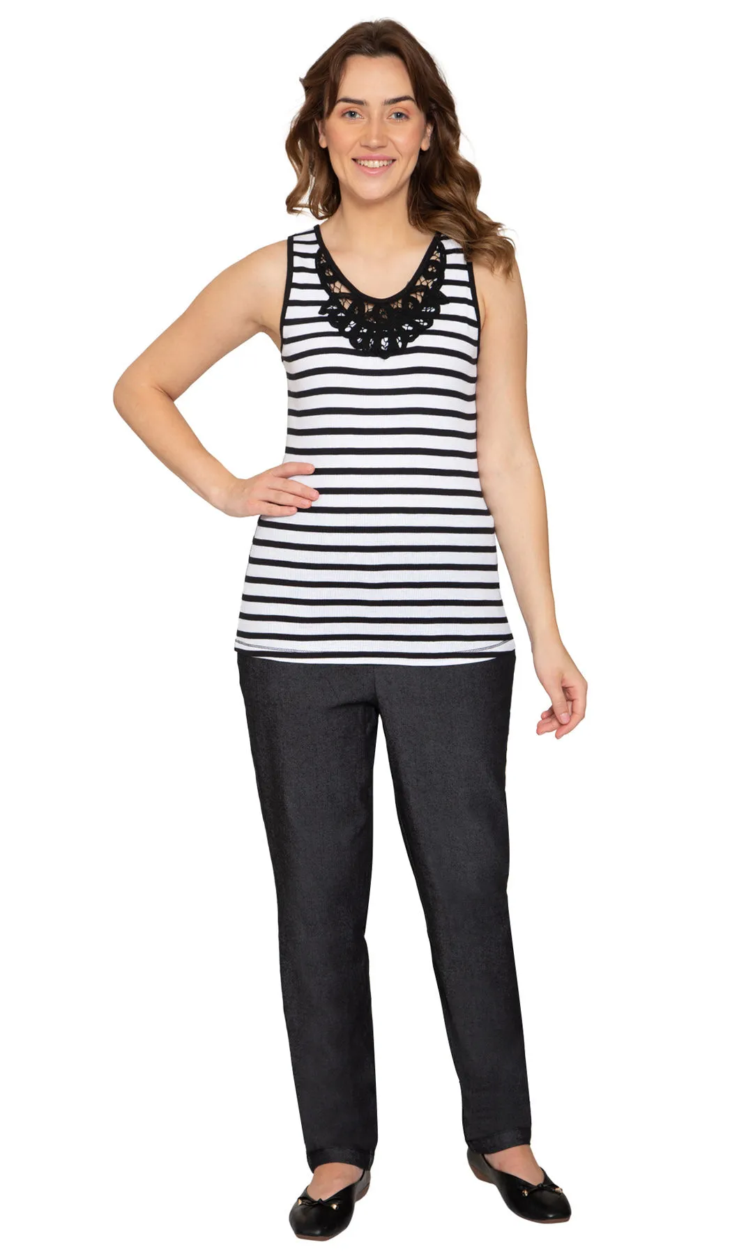 Women's Striped Tank With Crochet Lace Neckline